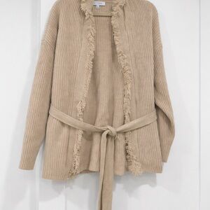 INTERMIX Beige Fringe-Trim Ribbed Belted Cardigan